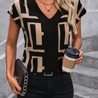 Koszule damskie - TEMU Stylowa bluzka z geometrycznymi skrzydłami nietoperza dla kobiet - czarna z wycięciem w kształcie litery V, z nadrukiem w odcieniach beżu i - miniaturka - grafika 1