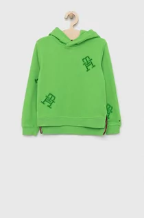 Bluzy dla dziewczynek - Tommy Hilfiger bluza dziecięca kolor zielony z kapturem z aplikacją - grafika 1