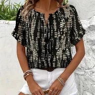 Koszule damskie - TEMU Damska koszulka z krótkim rękawem i dekoltem w serek - czarno-biała bluzka z nadrukiem, idealna na i letnie, codzienne okazje, można prać w - miniaturka - grafika 1