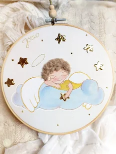 Obrazek z Aniołem Stróżem w drewnianej ramce, pamiątka dla dziecka - Pamiątka Chrztu Świętego - miniaturka - grafika 1