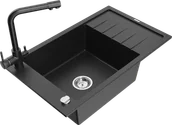 Zlewozmywaki z baterią - Mexen Elias zlewozmywak granitowy 1-komorowy z ociekaczem i baterią kuchenną Duero, czarny/srebrny metalik - 6511-73-671600-70 - miniaturka - grafika 1