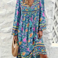 Sukienki - TEMU Kobieca Boho Sukienka Maxi - Długa Sukienka A-Line z Kwiatowym Wzorem w Kolorach Niebieskim/Różowym/Turkusowym, Dekolt V na Plażę, Imprezę i - miniaturka - grafika 1