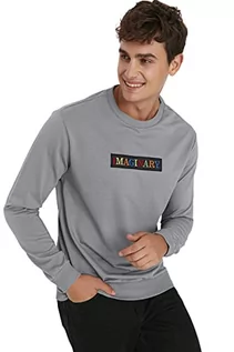 Bluzy męskie - Trendyol Męska bluza z okrągłym dekoltem i napisem, Szary, L duże rozmiary - grafika 1