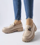 Mokasyny damskie - Beżowe klasyczne mokasyny z klamerką Francesca-39 - miniaturka - grafika 1