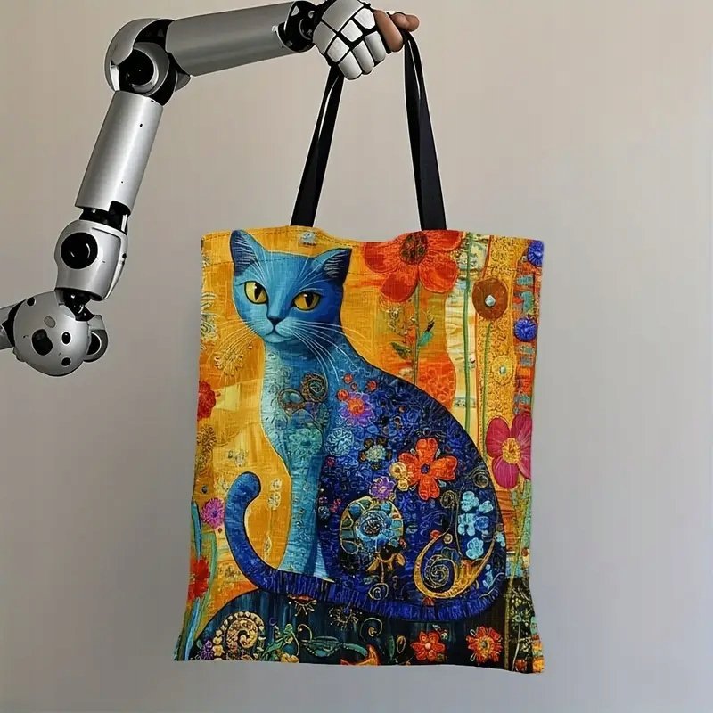 Torba Shopperka Tote Niebieski Kot Żółta Kwiaty 40X34 Cm Płócienna Art Deco