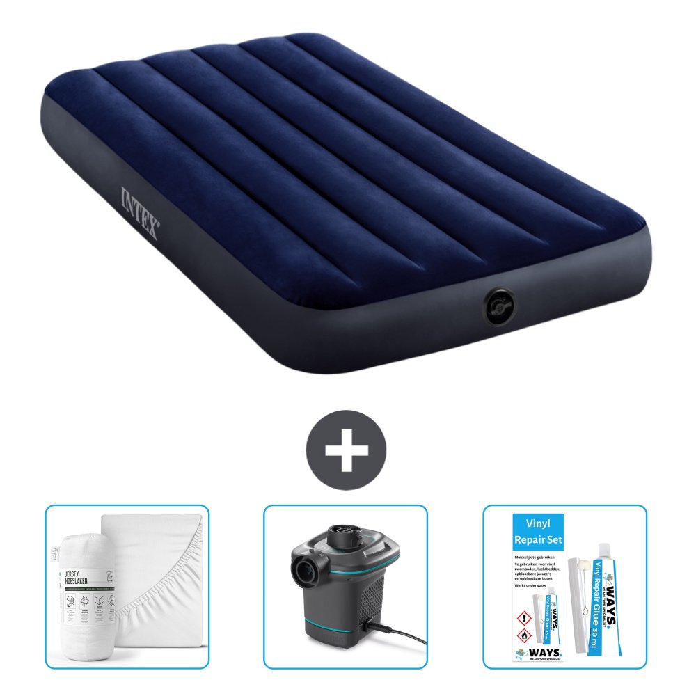 Łóżko dmuchane Intex - 1 osoba - 99 x 191 x 25 cm - niebieskie - w zestawie prześcieradło - pompka i zestaw naprawczy