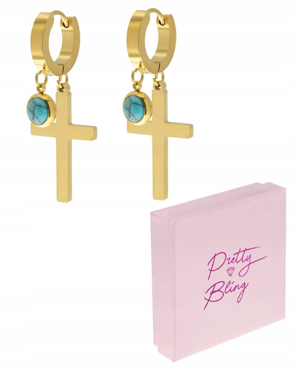 Kolczyki wiszące pozłacane KRZYŻYKI turkus stal 31