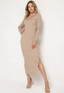 Sukienki - Beżowa Dopasowana Sukienka z Prążkowanego Materiału z Ażurowym Dekoltem Medna - miniaturka - grafika 1