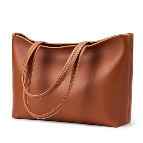 KALIDI Tote Bag Zipper Shoulder Bag Faux Leather Purses for Women Large Casual Handbag Work Dating College, Brown