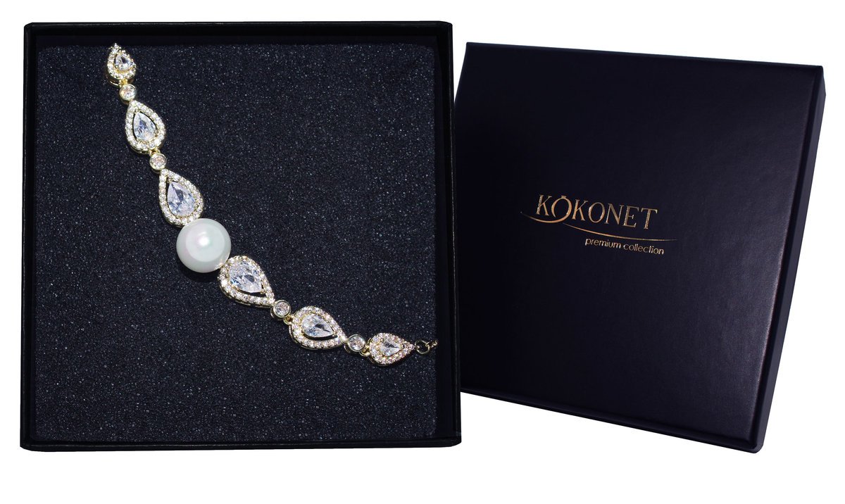 Bransoletka ślubna POZŁACANA 18k perłowa z łezkami BLASK