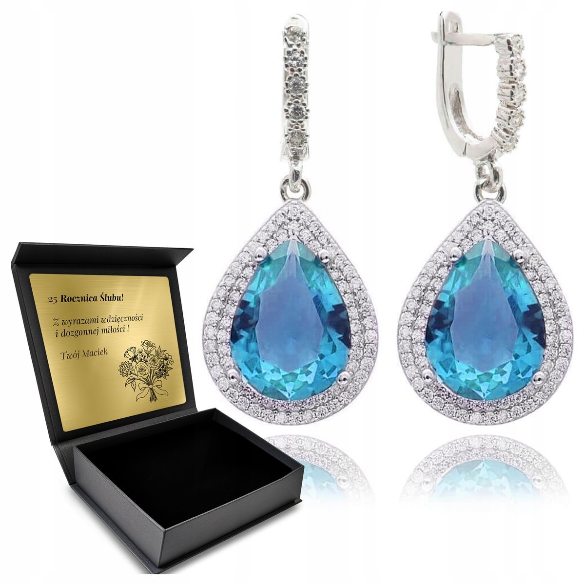 Kolczyki Srebrne 925 Cyrkonie I Topaz Biżuteria Dla Kobiety + Grawer