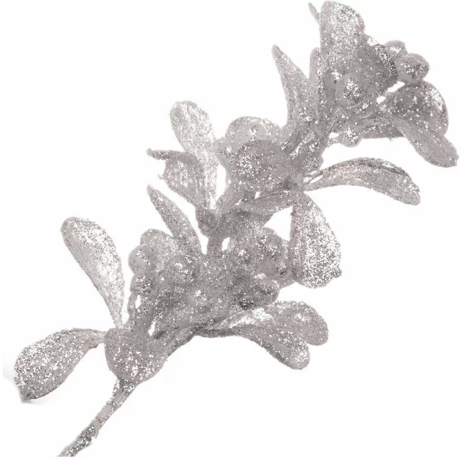 Dekoracja brokatowa gałązka jemioła srebrna - 10 cm - 1 szt.