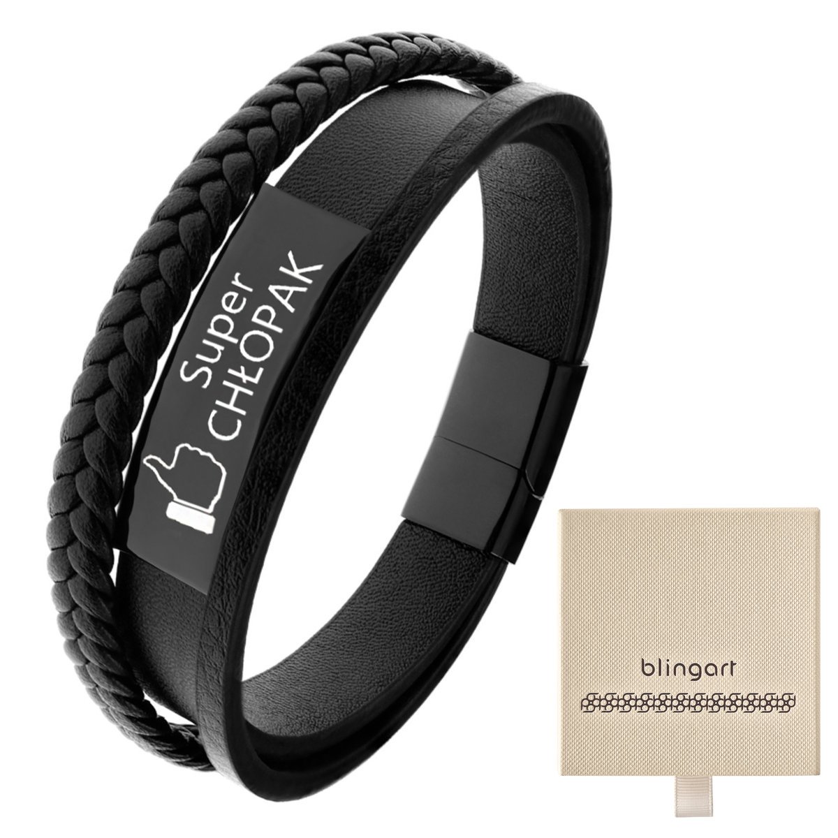 Bransoletka z GRAWEREM męska skórzana CZARNA stal