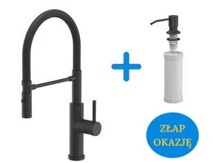 Quadron POP Bateria zlewozmywakowa stalowa ANDY PURE CARBON z ruchomą wylewką na gumie i funkcją prysznica kolor czarny mat/czarny wąż plus dozownik okrągły do płynu KEIRA kolor pure carbon - Baterie kuchenne - miniaturka - grafika 1