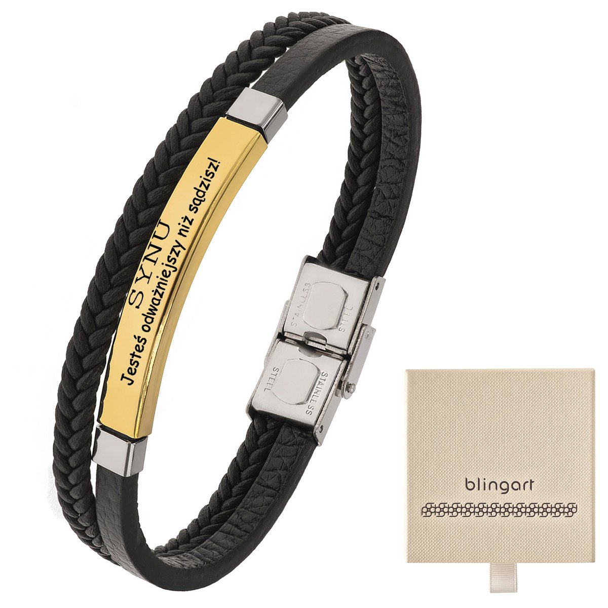 Bransoletka z GRAWEREM skórzana pozłacana PREZENT