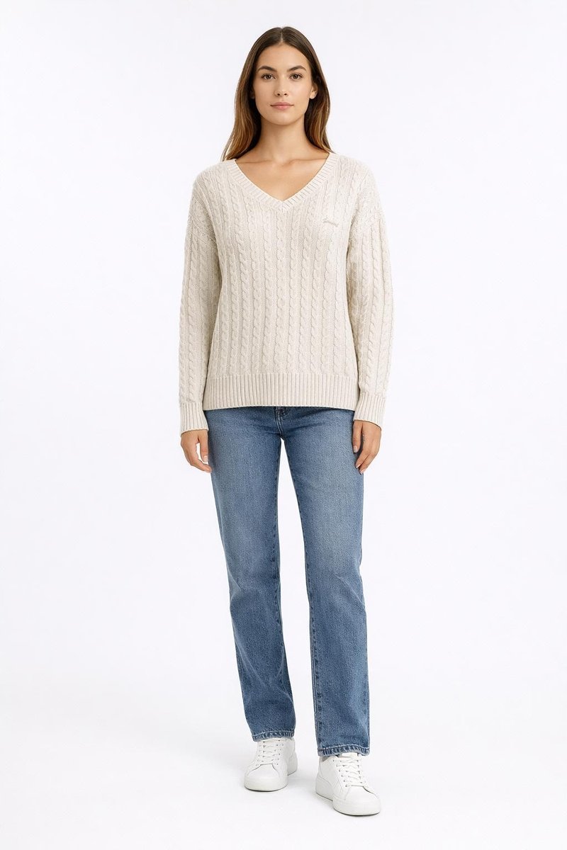 GUESS BEŻOWY SWETER DAMSKI WARKOCZOWY DEKOLT V KLASYCZNY XL GŁA