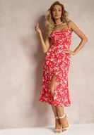Sukienki - Czerwona Sukienka Midi w Kwiaty na Cienkich Ramiączkach Teyen - miniaturka - grafika 1