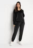Dresy damskie - Czarny Welurowy Komplet Dresowy Bluza z Trójkątnym Dekoltem i Spodnie z Kieszeniami Onchia - miniaturka - grafika 1