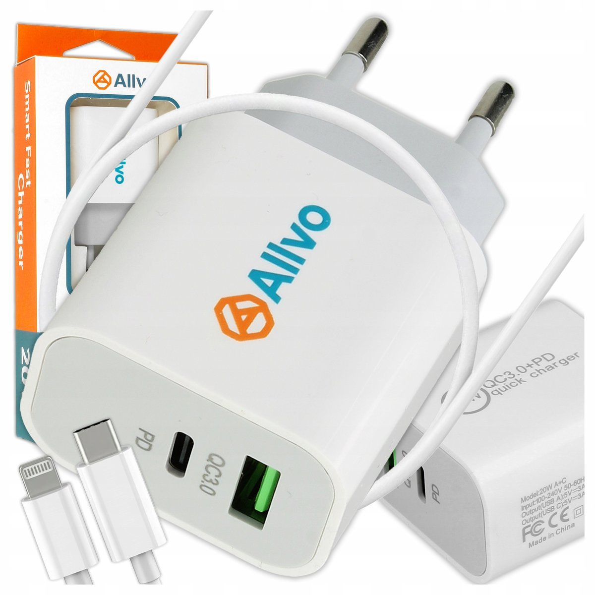SZYBKA ŁADOWARKA SIECIOWA DO IPHONE KOSTKA 2W1 20W + KABEL USB-C LIGHT 1M