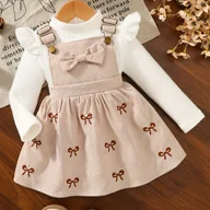 Sukienki i spódniczki dla dziewczynek - TEMU 2 szt. Dziewczęcy top z długim rękawem i falbankami + sukienka na ramiączkach z kokardą, uroczy strój na jesień i zimę, na zewnątrz - miniaturka - grafika 1