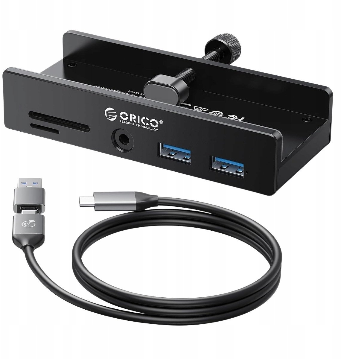 Orico Hub USB-C 5Gbps aktywny, przykręcany, 2x USB-A, czytnik SD, minijack 3,5 mm, czarny MH5PMM-10-BK-BP