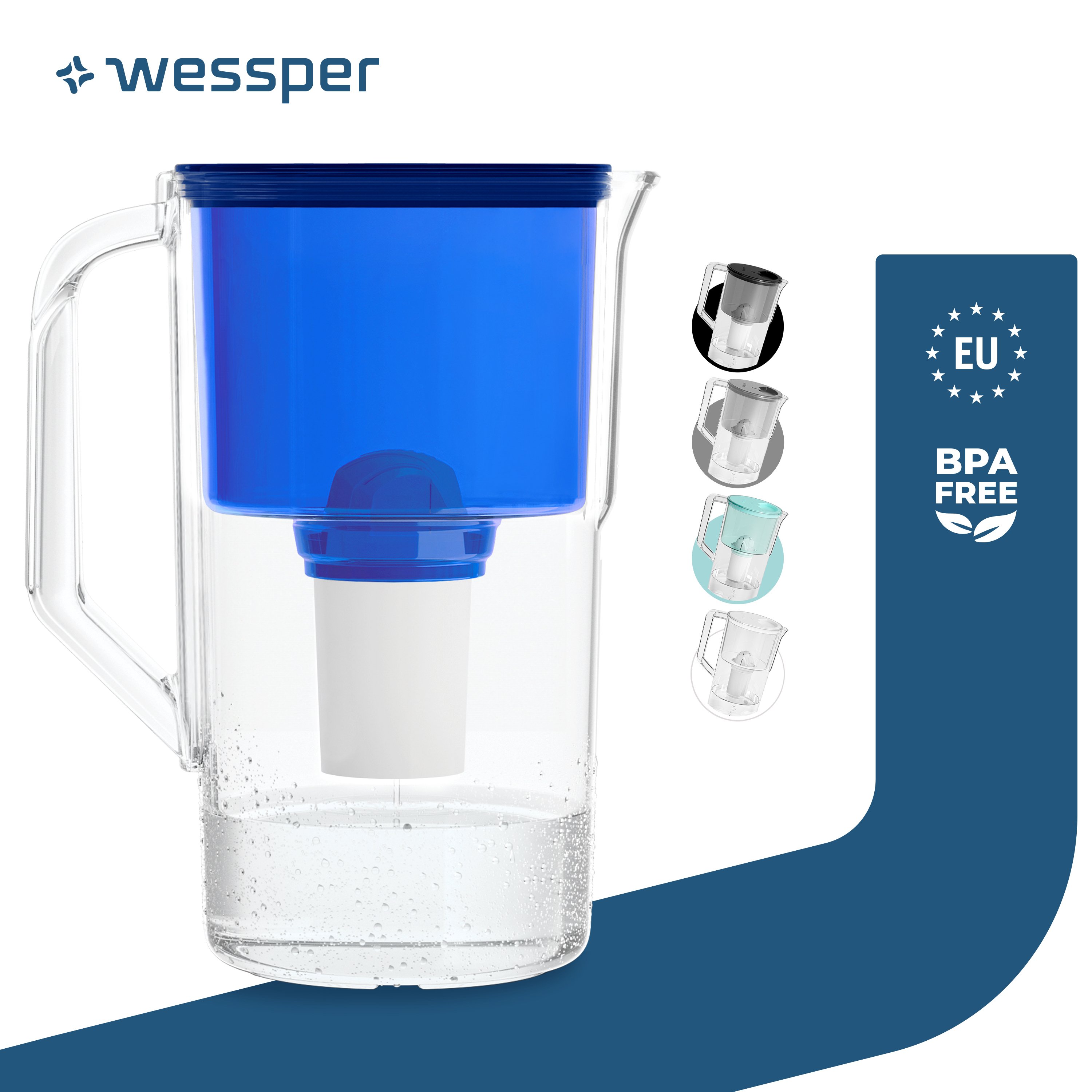Dzbanek filtrujący wodę Wessper 2,5 L Kompatybilny z Brita Classic, system filtracji wody redukujący kamień, chlor + 1x filtr wody niebieski