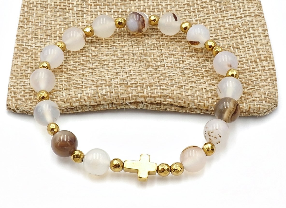 Bransoletka różaniec na rękę agat szaro beżowy rękodzieło