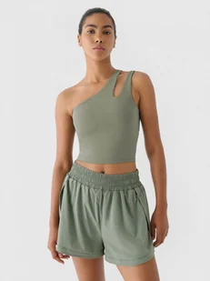 Damski crop top treningowy na jedno ramię 4F x Anna Lewandowska 4FALSAW24TFSLF515 - zielony - 4F x AL - Koszulki sportowe damskie - miniaturka - grafika 1