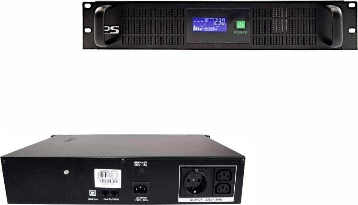 CCTVups-2U-2000-LCD: UPS RACK 2U 2000VA/1200W 2x9Ah, Schuko+IEC , USB, LCD