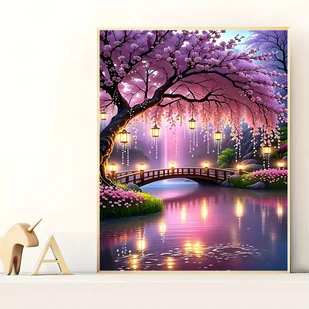 TEMU 1 szt. Kwiatusz wiśniowy Nocne tło Diamantowe malowanie DIY Kit, Okrągłe akrylowe diamenty, Bezramowe diamantowe malowanie sztuki, DIY 5D - Rękodzieło - miniaturka - grafika 1