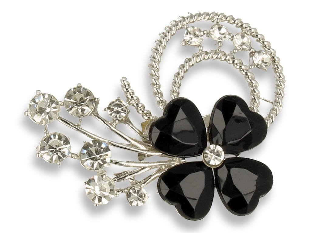 Broszka Damska Srebrna Bukiet Z Czarnym Kwiatem