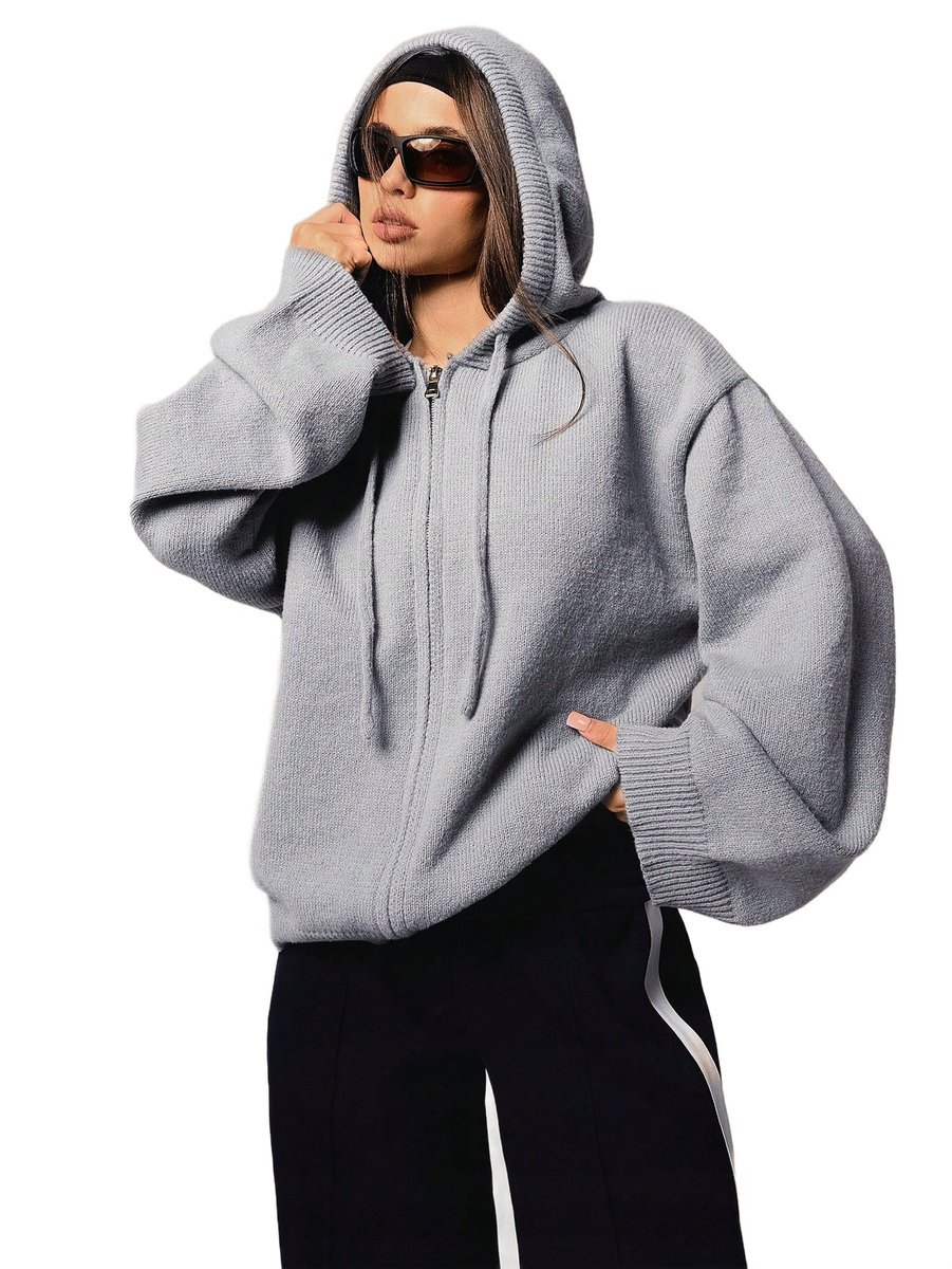 SWETER DAMSKI Z KAPTUREM I ZAMKIEM SZARY OVERSIZE L 1LA