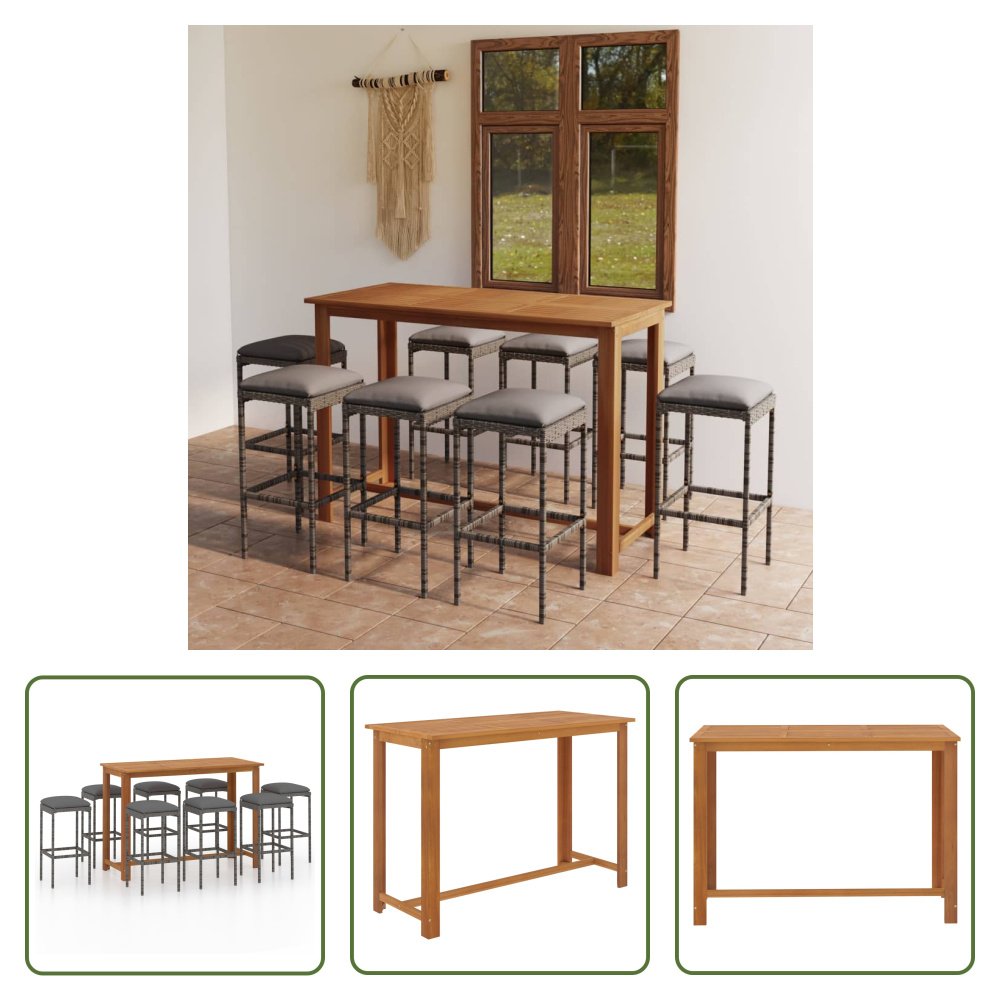 The Living Store 9-częściowy ogrodowy zestaw barowy z poduszkami szary