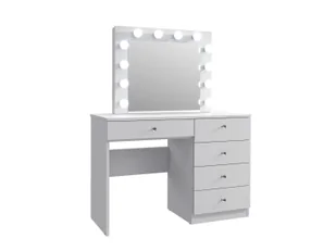 Meblowa1 toaletka Glamour z oświetleniem CRISTAL 12 LED, lustro do makijażu z dużym lustrem w stylu Hollywood, 12 żarówek, 5 szuflad, w kolorze białym - Lustra - miniaturka - grafika 1