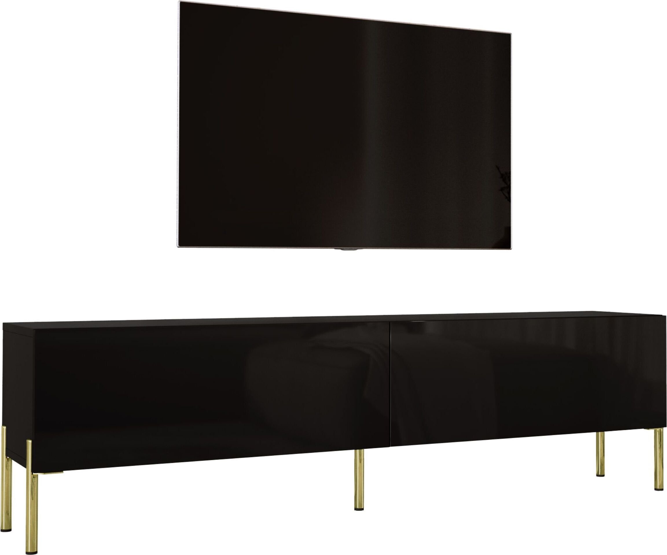 Szafka pod telewizor w kolorze czarnym matowym z nogami w kolorze złotym, A: szer: 170 cm cm, wys: 52 cm, gł: 32 cm. Meble pod telewizor, stolik pod telewizor, ława pod telewizor