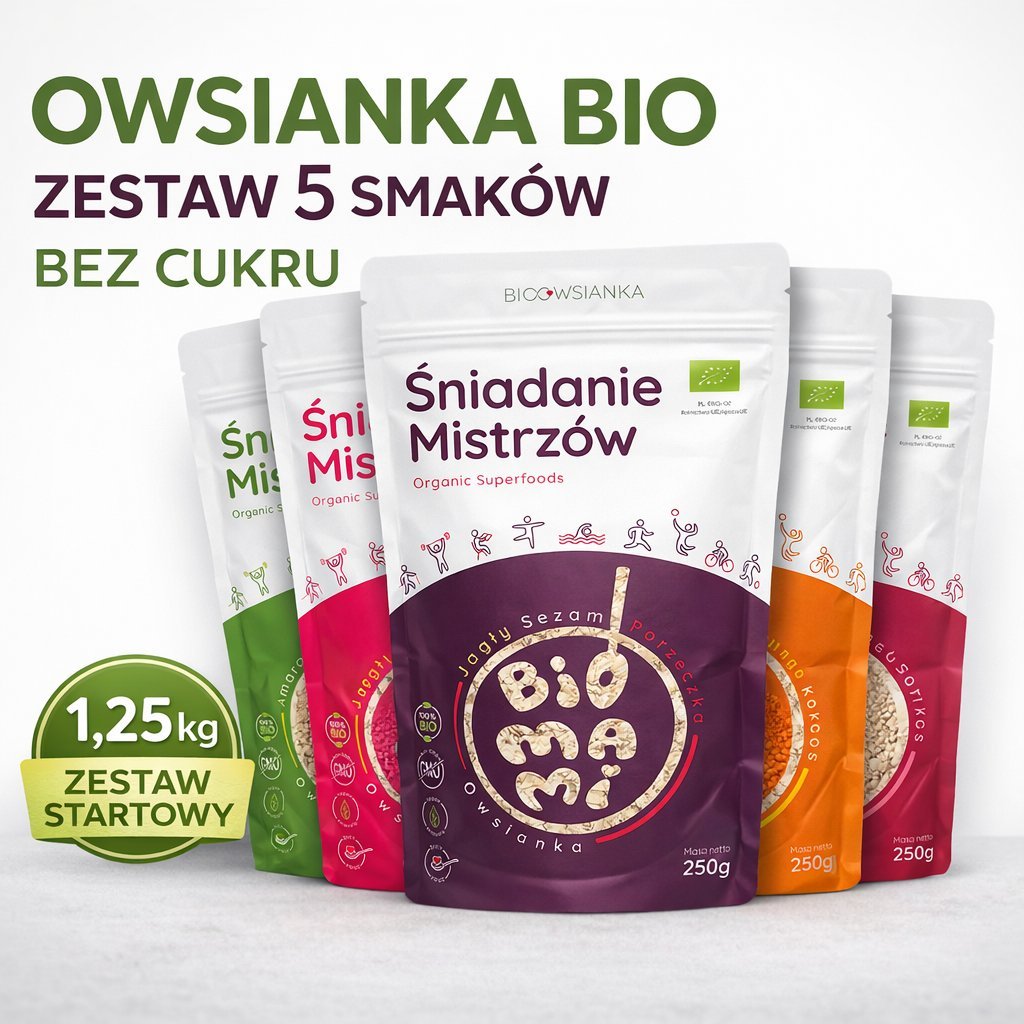 BIO Owsianka Śniadanie Mistrzów – zestaw 5 smaków superfoods BIOMAMI ekologiczne śniadanie fit