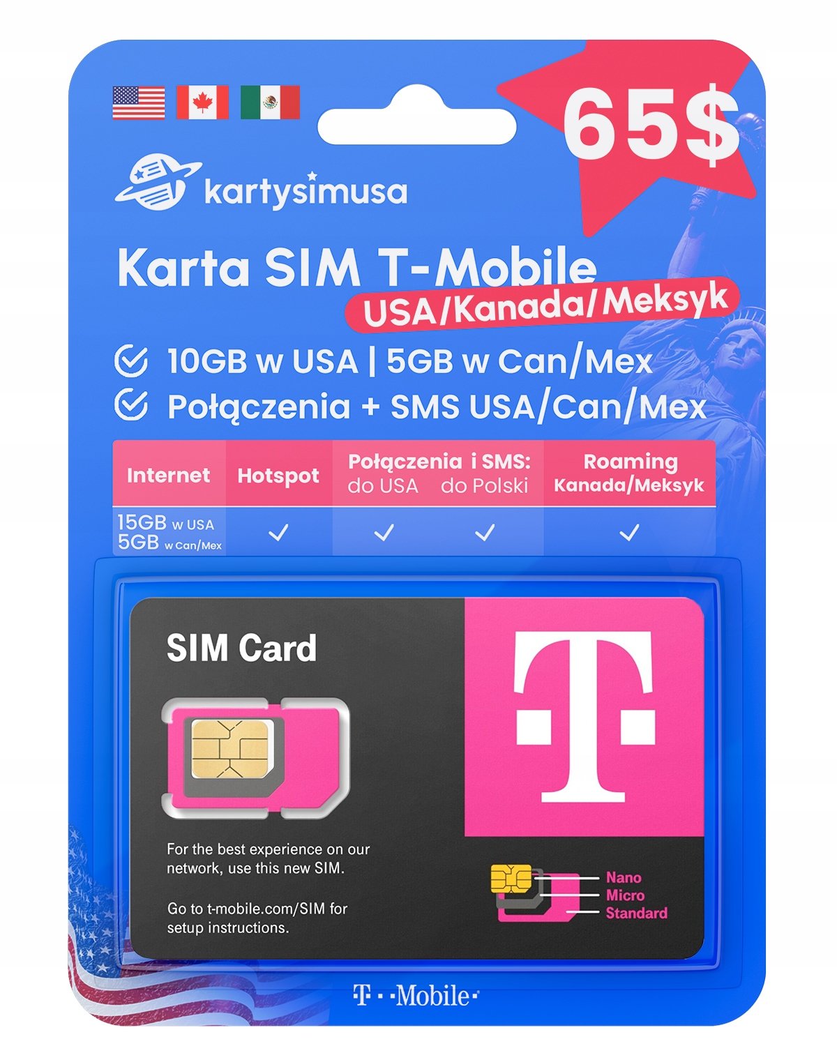 Karta Sim T-Mobile Kanada Usa 5+15GB tel/sms Pl