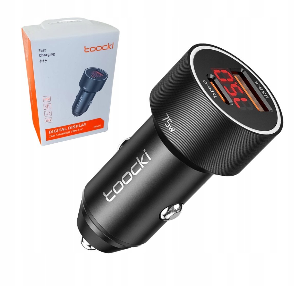 ŁADOWARKA SAMOCHODOWA LED TOOCKI USB + USB-C 75W QC PD Z MIERNIKIEM
