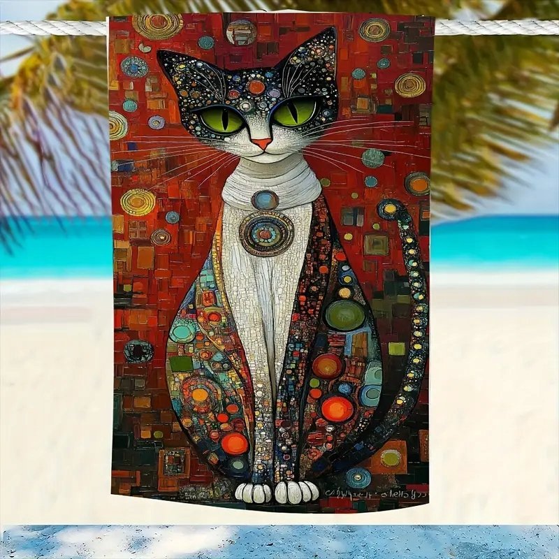 Ręcznik Czarny Kot Gustav Klimt ART 90x180 Mikrofibra Plażowy Basen Prezent