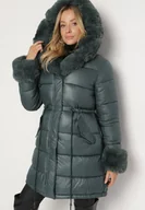 Kurtki damskie - Ciemnozielona Pikowana Kurtka z Kapturem i Futrzanymi Wstawkami Ściągana Sznurkiem w Talii Emirale - miniaturka - grafika 1