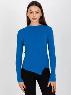 Sweter asymetryczny ciemny niebieski casual dekolt stójka rękaw długi materiał prążkowany - Swetry damskie - miniaturka - grafika 3