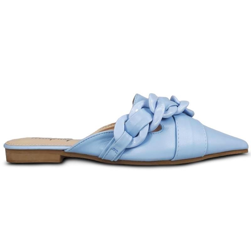 Klapki Damskie Z Łańcuchem Eleganckie Modne Stylowe Lekkie Na Płaskim Obcasie Wygodne Skórzane Na Lato Letnie Z Noskiem W Szpic Niebieskie 37