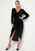 Sukienki - Czarna Dopasowana Cekinowa Sukienka z Kopertowym Dekoltem i Asymetrycznym Wycięciem Rinnalith - miniaturka - grafika 1