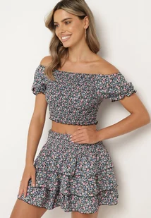 Czarno-Różowy Komplet Bluzka Hiszpanka z Marszczonej Gumki Spódnica z Falbankami i Gumką w Pasie Testely - Komplety damskie - miniaturka - grafika 1