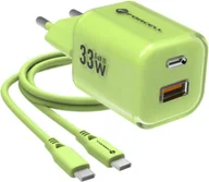 Ładowarki do telefonów - Forcell Ładowarka sieciowa Wall Charger 33W, GaN3, USB-C PD, USB-A QC 4.0 + kabel USB-C, jasnozielona - miniaturka - grafika 1
