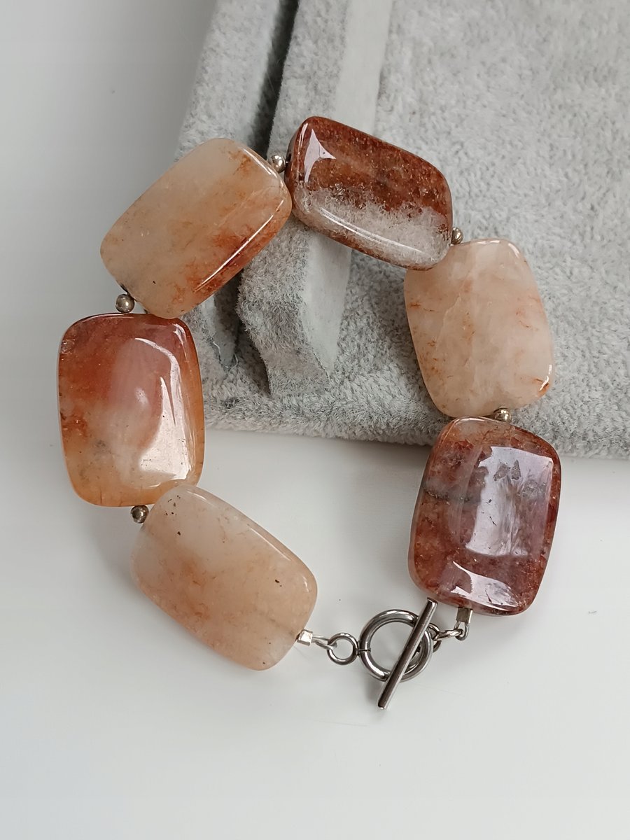 POMARAŃCZOWA BRĄZOWA BRANSOLETKA AGAT OGNISTY KAMIEŃ ZAPIĘCIE SKOBEL