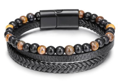 Wielowarstwowa skórzana bransoletka oko tygrysa Czarny 21cm