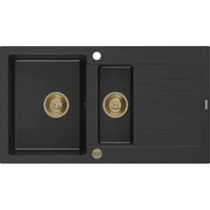 Zlewozmywaki - Mexen Matias zlewozmywak granitowy 1,5-komorowy z ociekaczem 900 x 505 mm, czarny/srebrny metalik, syfon złoty - miniaturka - grafika 1