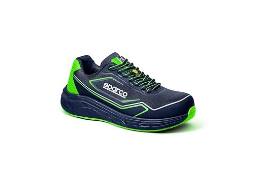 Sparco Teamwork - Buty ochronne dla mężczyzn i kobiet - Antypoślizgowe i wytrzymałe buty robocze - Wygodne i oddychające buty ochronne do biegania, Neonowy zielony morski, 43 EU