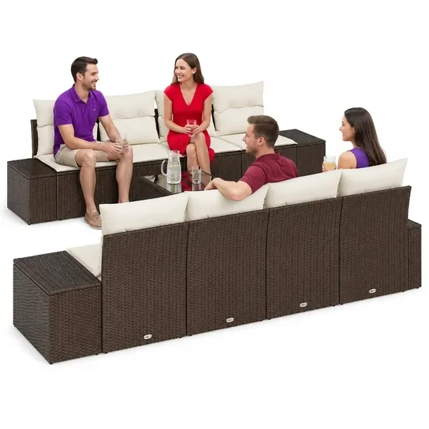 7-elementowy zestaw sof ogrodowych z rattanu, brązowy, modułowy design